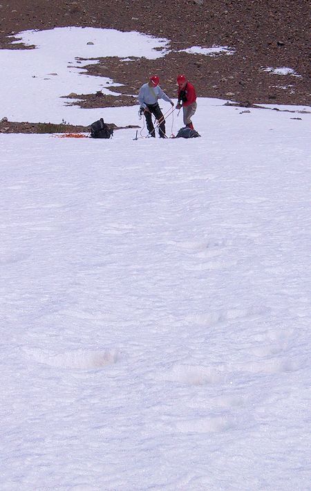 Looking down slope to the second belay site - JW Photo