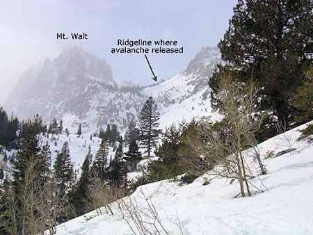 Looking at Mt. Walt and the area where the slide occured while skinning up into Blacksmith Creek
