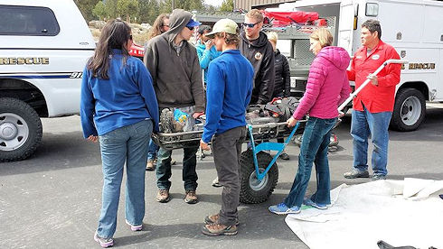 Wheeled litter assembled - ready to move the victim