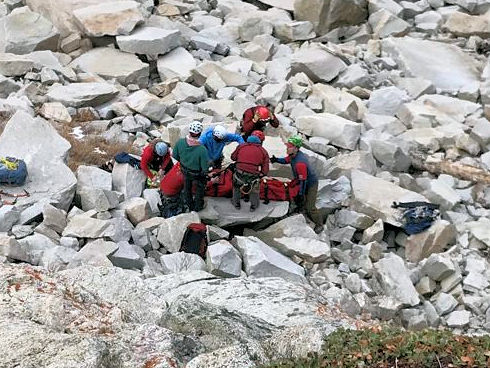 Ice climber placed in Bauman Bag brought by Mono County SAR team members that were inserted by H-40 preparing the victim for a hoist in challenging terrain. – (1/1/2018 Tanya Godinez)