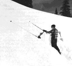 Figure 6 - The size of the rutschblock (2 m (6.5 H) long and 1.5 m (4.9 ft) wide), can be approximated using skis and poles.