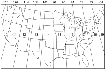 black and white diagram of the USA showing the UTM grid