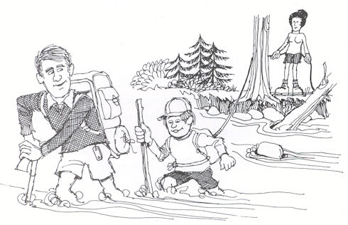 Stream crossing illustration by Bob Cram from Backpacking: One Step at a Time